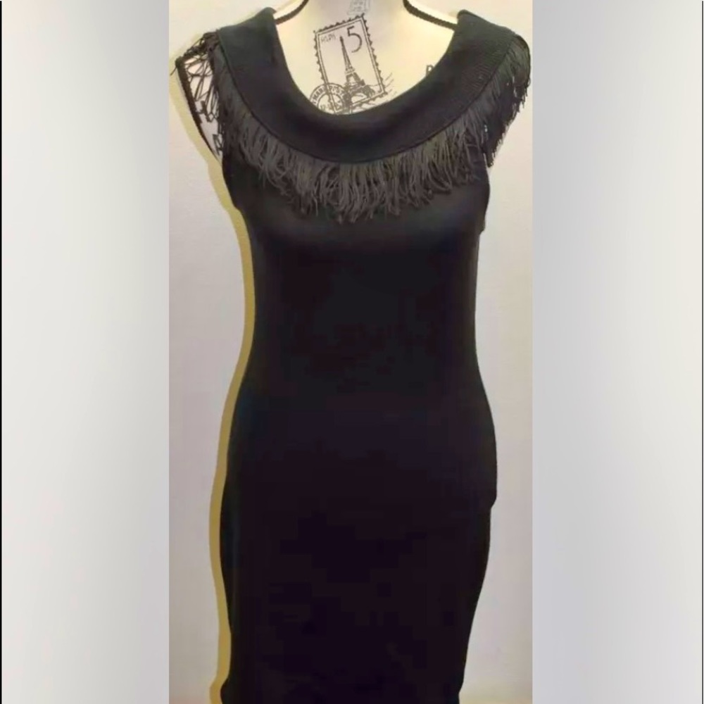 Vintage Jeunesse Flapper Style Off Shoulder Women Sweater Dress S Tassel Black